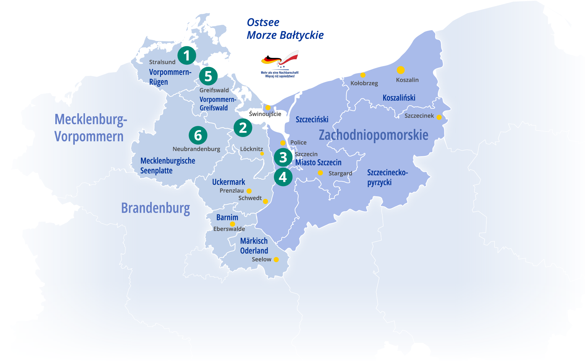 Mapa obszaru projektu obejmującego województwo zachodniopomorskie oraz regiony przygraniczne Niemiec, z zaznaczonymi miastami: Szczecin, Świnoujście, Police, Stargard, Kołobrzeg, Koszalin, Szczecinek, Greifswald, Stralsund, Neubrandenburg, Löcknitz, Prenzlau, Schwedt, Eberswalde i Seelow.
